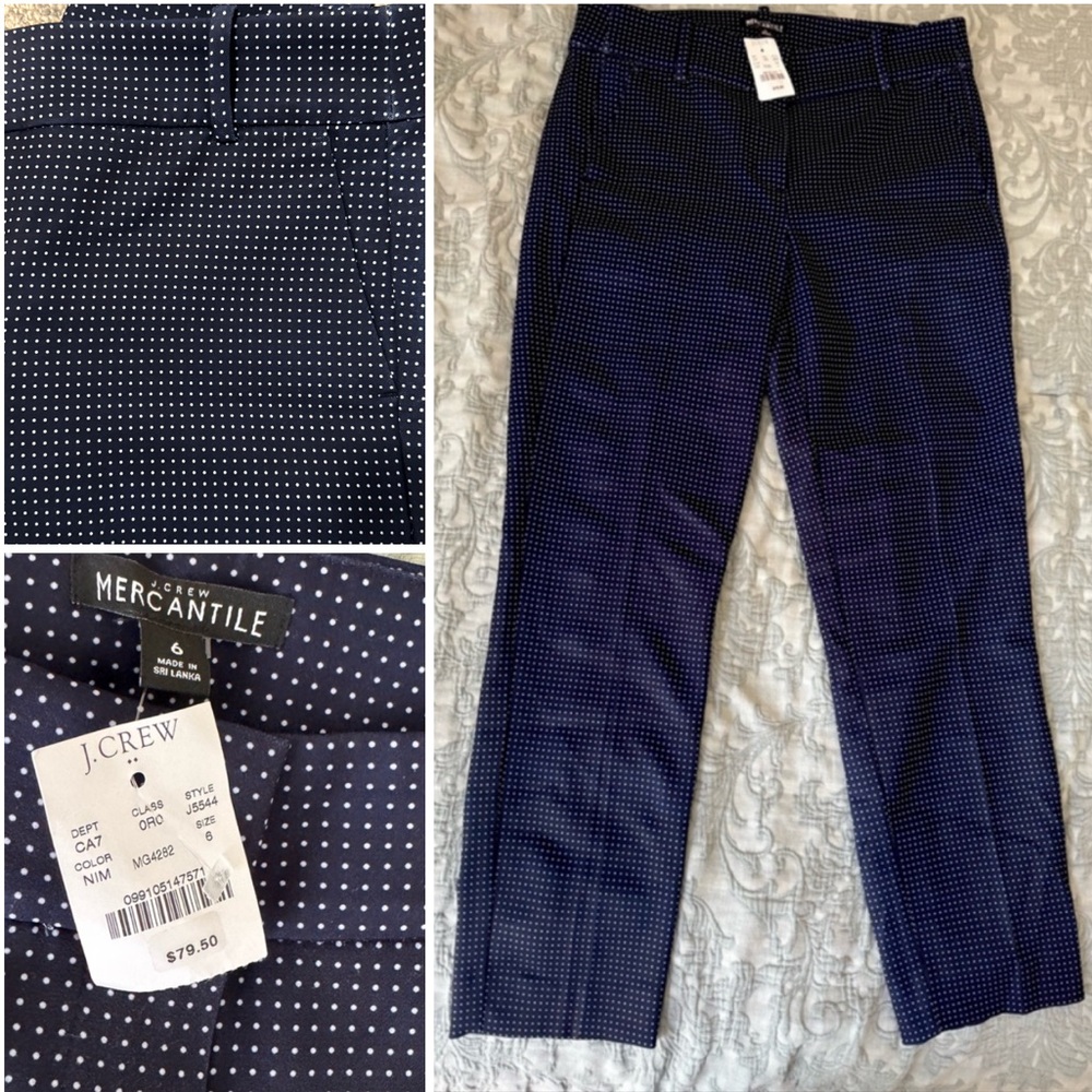 J Crew Mercantile Navy Blue Polka Dot Pants NWT SZ 6 ankle length ret: $80